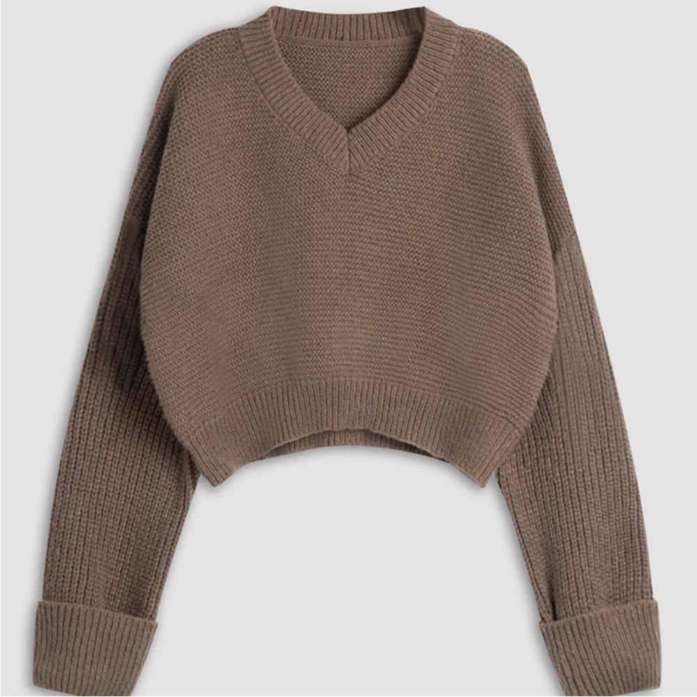 Commense Minimalism V-Neck Brown Crop Pullover Sweater - S